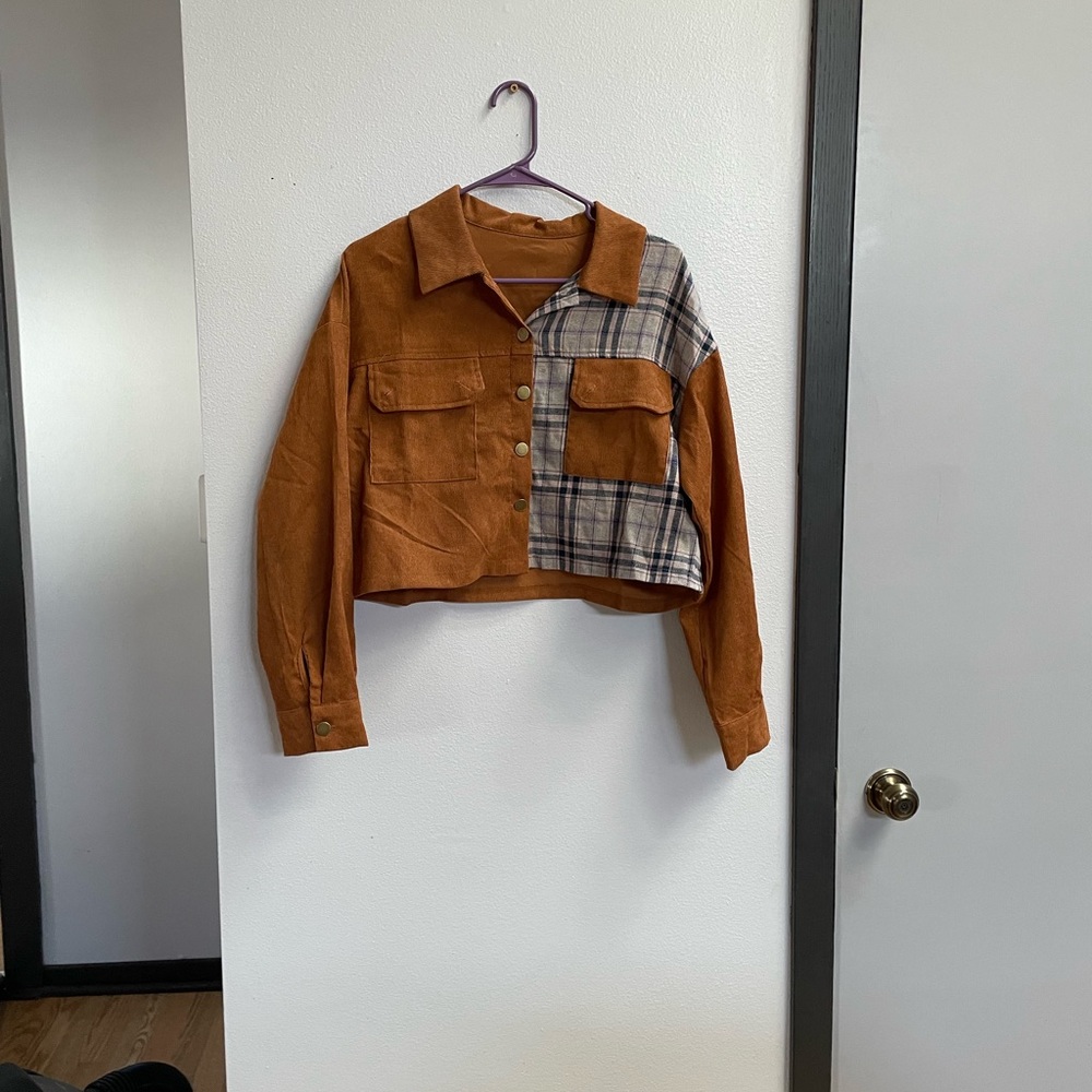 Corduroy plaid cropped jacket